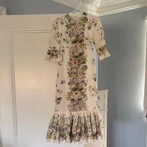 Zimmermann Cream Floral Midi Dress with Pink and Green Accents
